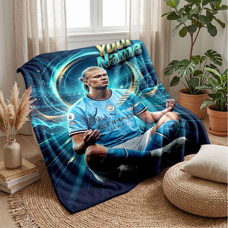 Erling Haaland Custom Name Text Flannel Blanket Soccer Logo Personalized Fleece Throw Blanket Special Gift For Sofa Bedroom Home