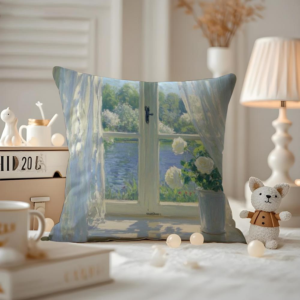 Landscape painting style Cushion Cover Antidustmite Pillowcase Invisible zipper silky short plush Sofa cushion cover