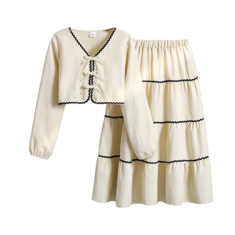 Girls' Clothing Autumn New Bow Long Sleeve Top Lace Trim Skirt