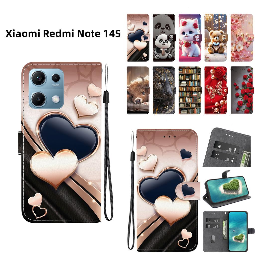Handmade PU Leather Flip Case for Xiaomi Redmi Note 14S Anti-Slip Shockproof Cover with Wrist Strap & Heart/Rose Cat Designs