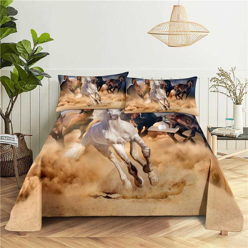 White Horse Bed Sheet 2/3pcs Set 3D Printed Animal Polyester Bed Flat Sheet With Pillowcase Bed Linen For Kids Baby Adult