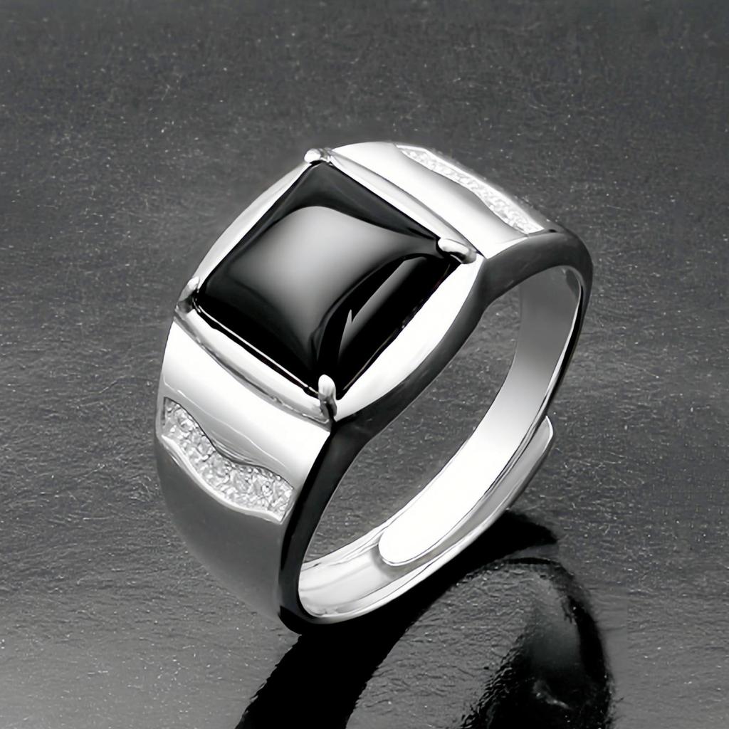 Men's Adjustable Black Agate Square Ring with Black Diamond - Korean Style and Smooth Finish