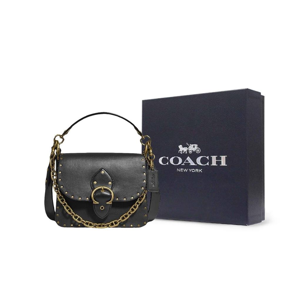 Coach Beat 18 Studded Chain Leather Small Square Bag Women handbags Black 4600-B4BK
