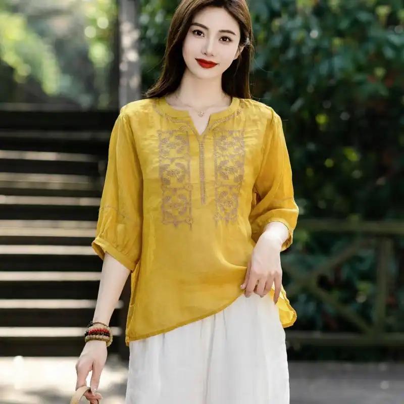 Literary Heavy Industry Embroidery V-neck Embroidered Solid Color Cotton and Linen Shirt Sun Protection Shirt Summer Three-quarter Sleeve Thin Top