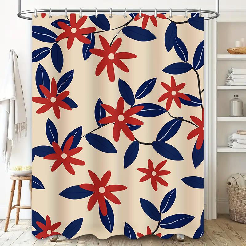 Modern Decorative Shower Curtain with Blue Red Floral Print for Bathroom Waterproof Fabric Various Sizes Available on