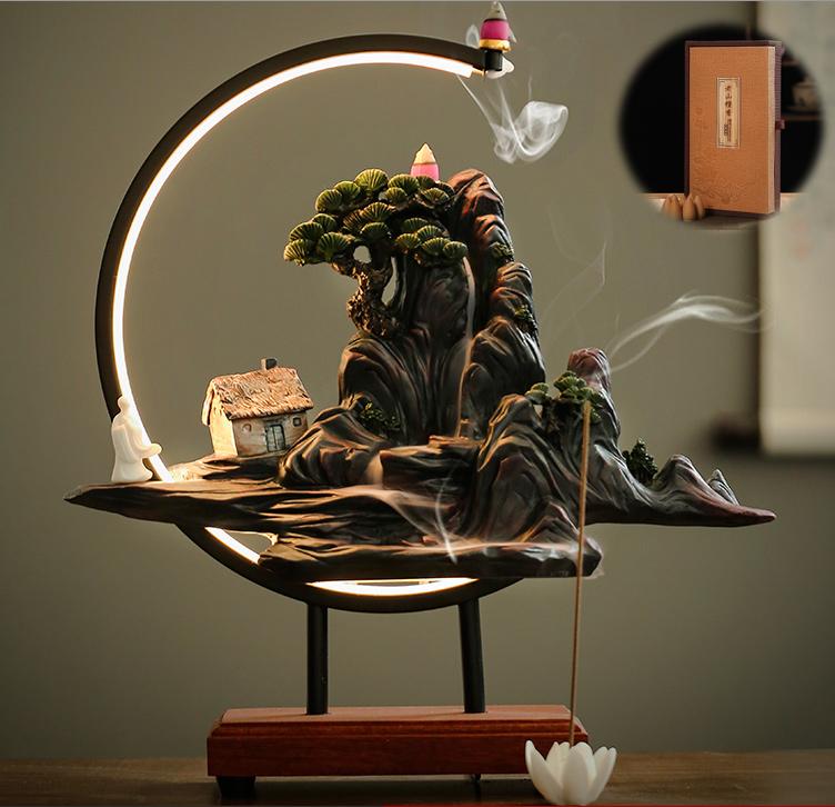 Zen High Mountains and Flowing Water Incense Burner,Sandalwood&Agarwood Incense Lamp for Tea Table Decoration
