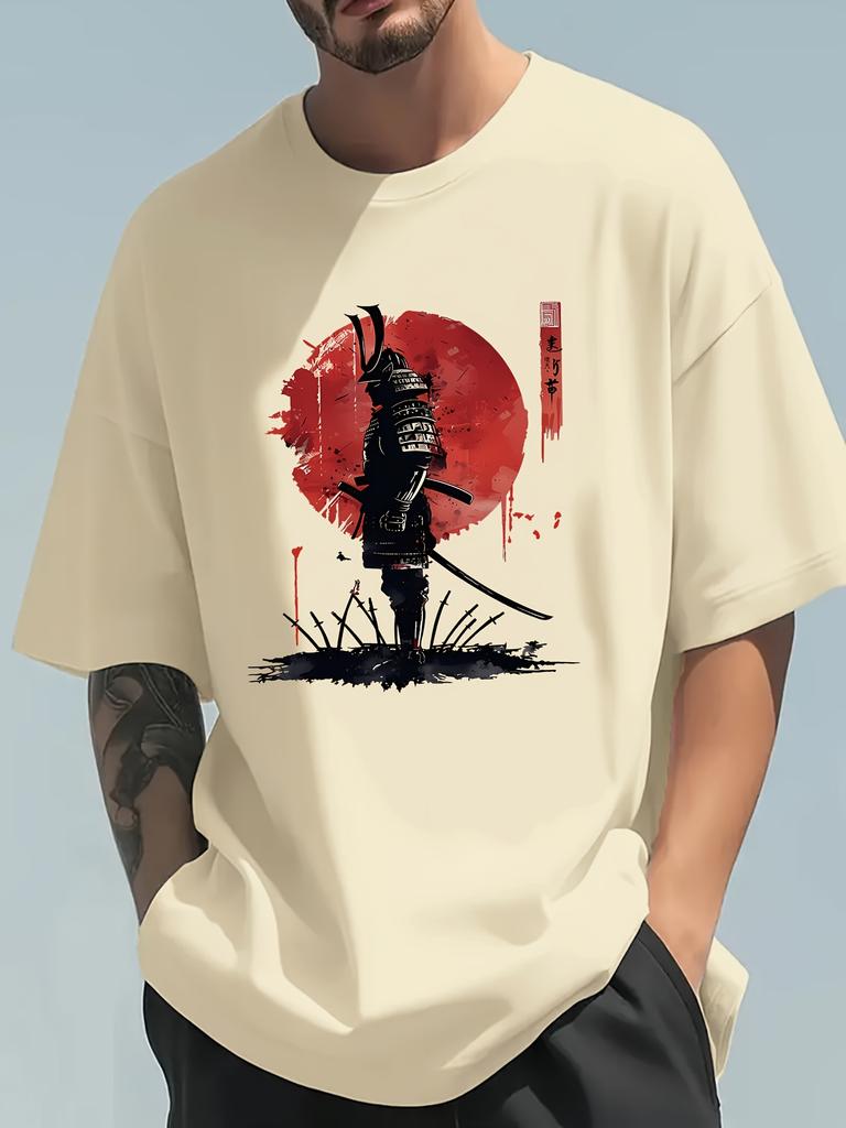Japanese Samurai Printed T-shirt Men's Tracksuit Cotton Casual Sportswear Crew Neck Pullover Short Sleeve Tops Summer Streetwear