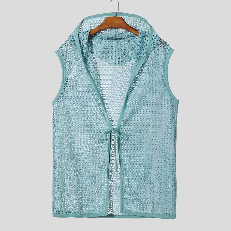 INCERUN Herren Mesh Durchsichtig Kapuzenweste Ärmellos Durchsichtig Strandurlaub Cardigan Tanktops