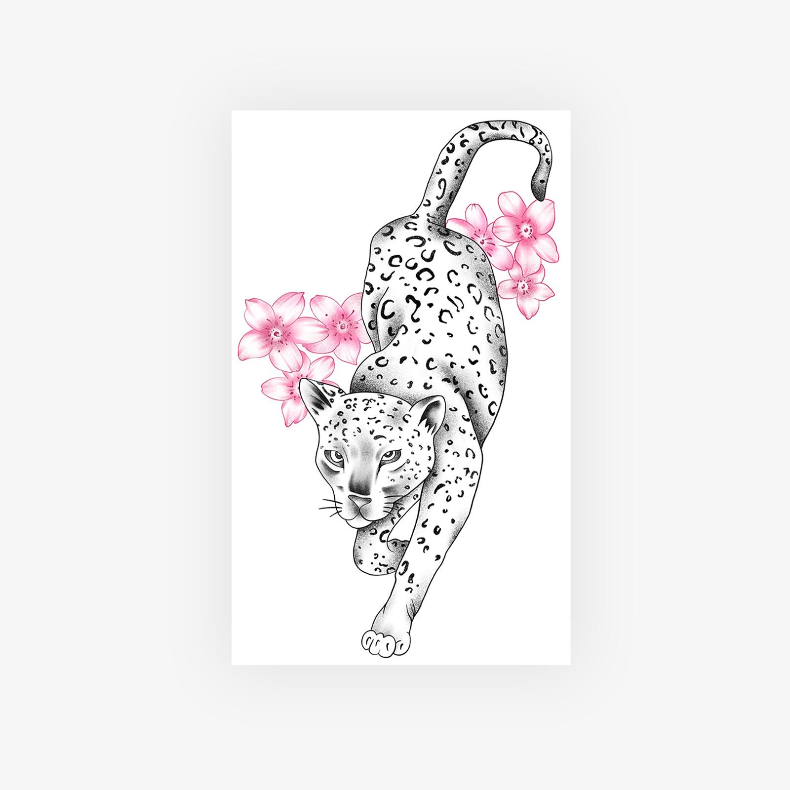 

Realistic Cherry Blossom Cheetah Tattoo Sticker, Waterproof And Long-Lasting, Women S Waist And Abdomen Are Gentle And Advanced. Simulation Tattoo 11*18
