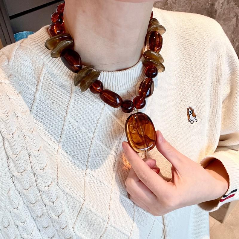 Vintage Amber Geometric Beaded Necklace Women's Acrylic Sweater Chain