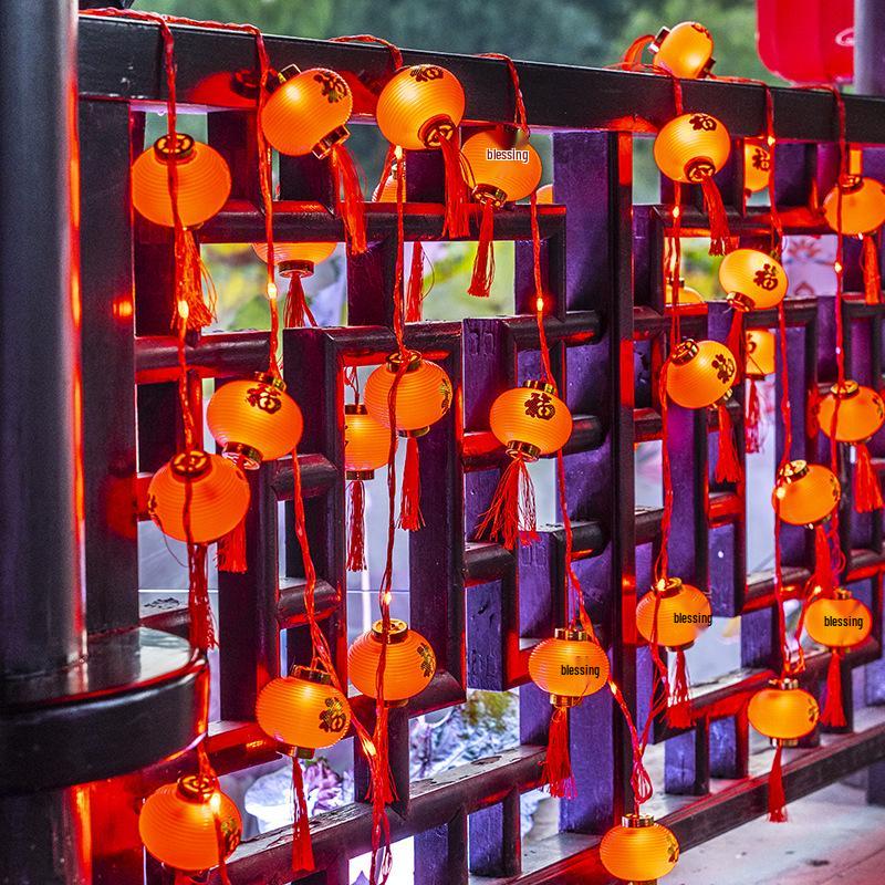 LED Waterproof Red Lantern String Lights - Fu Character Spring Festival Holiday Decoration Round Lantern 6cm