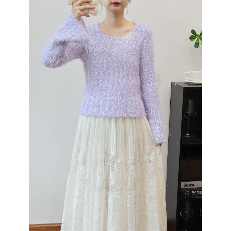 Autumn and winter new plush soft waxy short knitted sweater top sweet gentle wind long sleeve sweater pullover woman