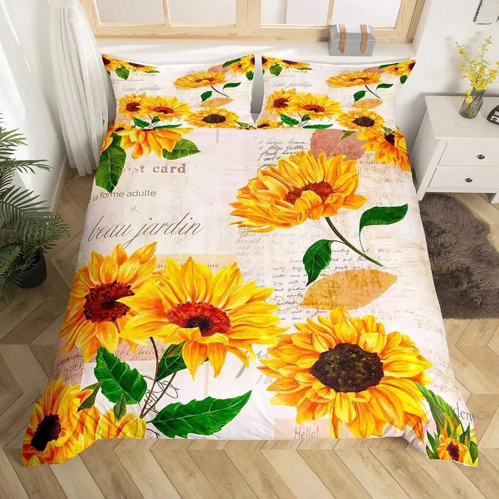 Sunflower Duvet Cover Set Full Size for Girl Yellow Flower Bedding Set Botanical Floral Comforter Cover on Teal Wood Quilt Cover