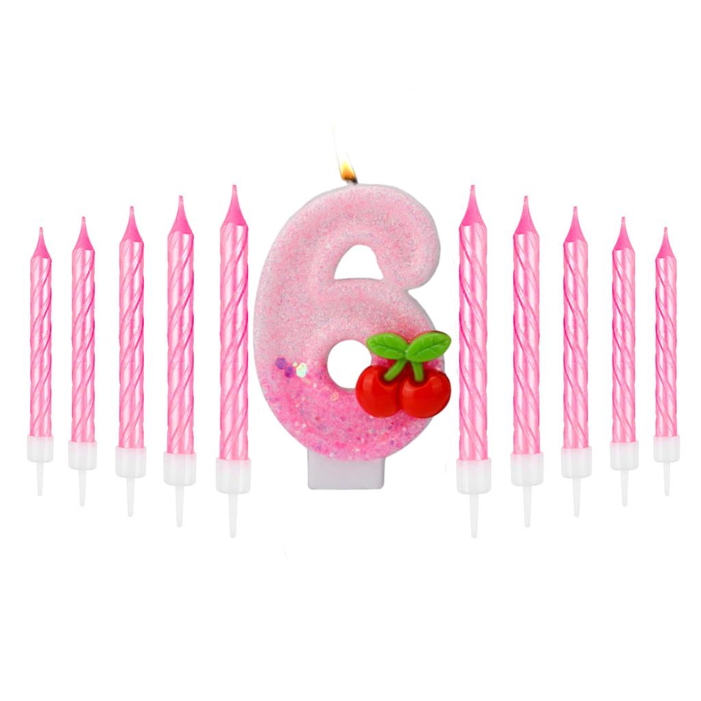 11pcs Cherry Birthday Number 0-9 Candles,Sequins Pink Cupcake Toppers Decorations for Women Girls Birthday Party Supplies Decors