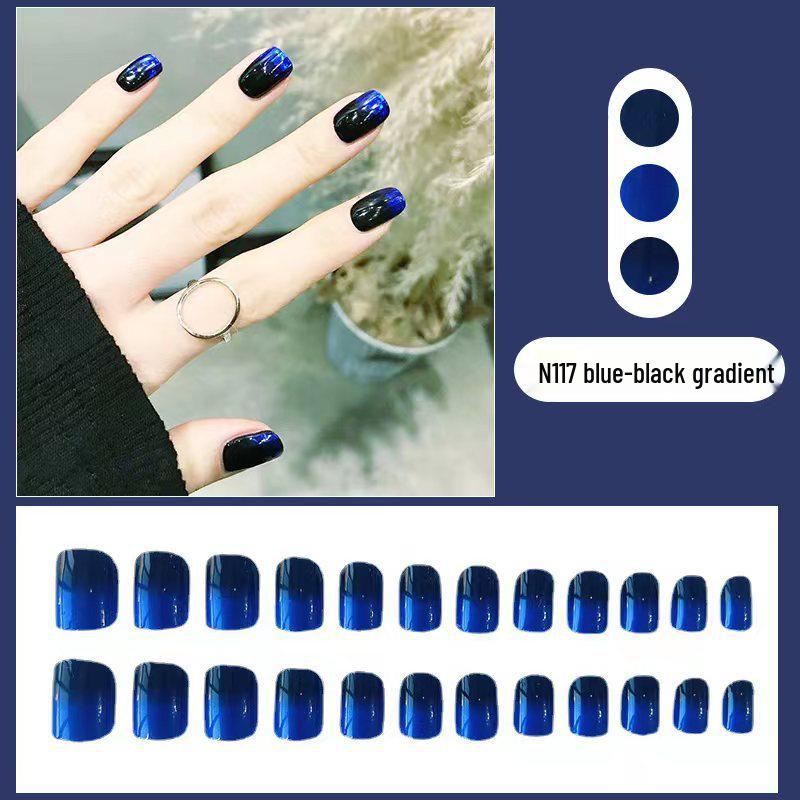 Gradient Blue-Black Press-On Nail Art Patches: Removable and Finished Fake Nails