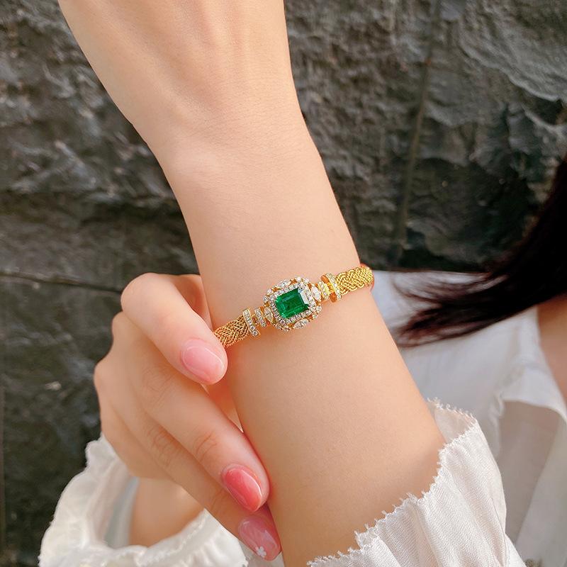 Włoska, ręcznie robiona, tkana, złota bransoletka z imitacją szmaragdu zambijskiego, luksusowa bransoletka z pełnym diamentem dla kobiet