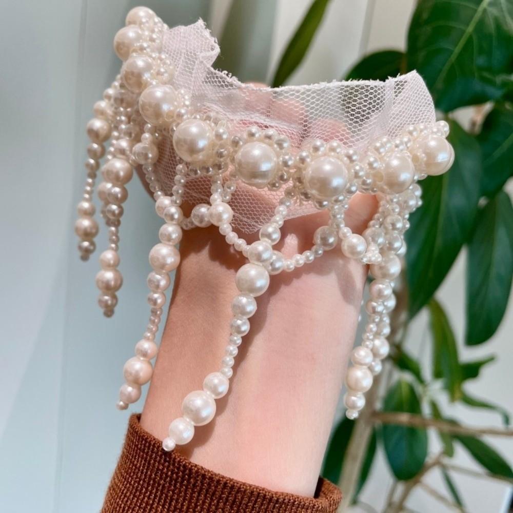 Creative Pearl Lace Choker White Mesh Neck Jewelry Personalized Tassel Beads Necklace  Accessories