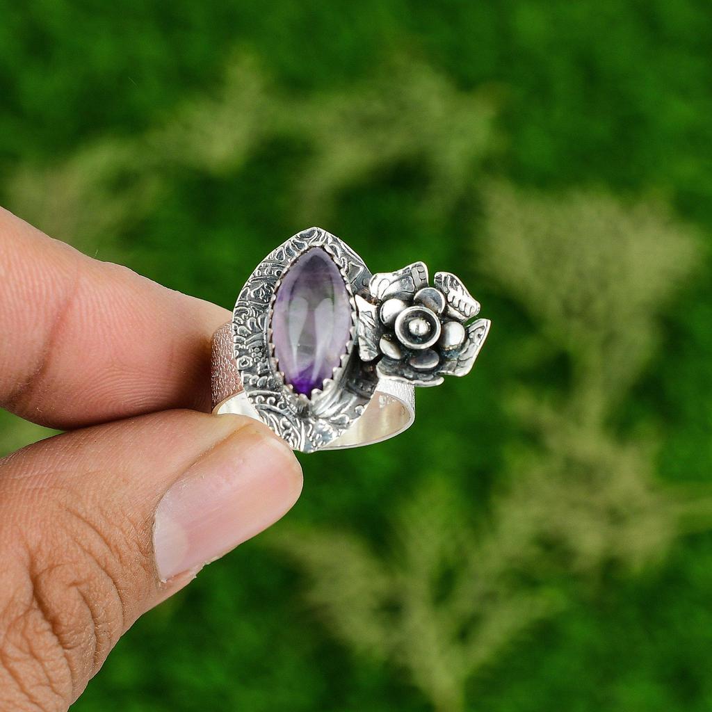 Gift For Her Natural African Amethyst Promise Flower Ring Size 8.75 925 Silver