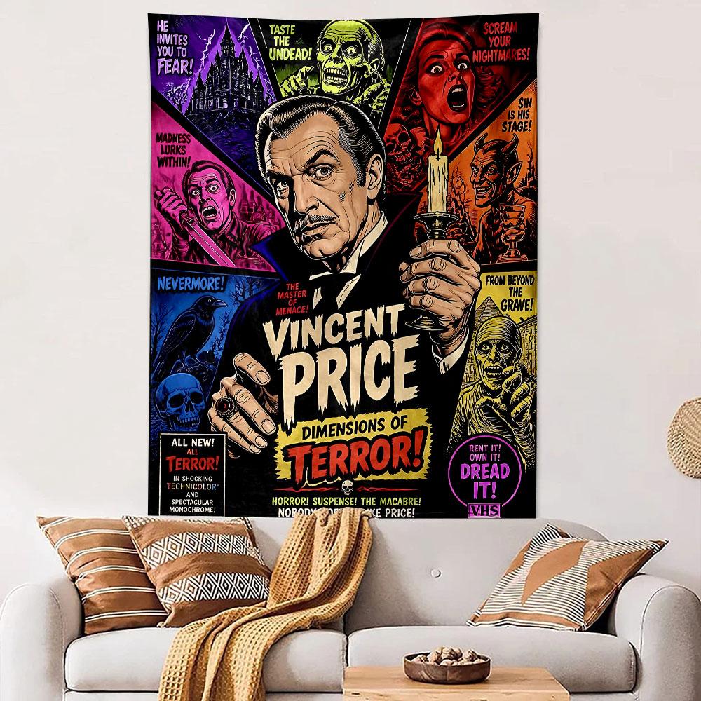 Vincent Price Horror Tapestry Wall Hanging, Terror Macabre Legend Art, Retro Halloween Wall Decor for Bedroom Man Cave