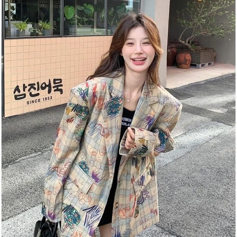 

Women Plaid Graffiti Print Oversized Blazer S бежевый