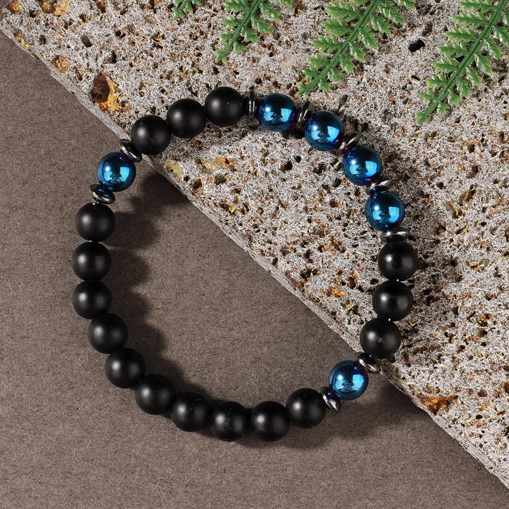 Natural Stone Blue Hematite Round Bracelet Men Fashion Jewelry Unisex Handmade Stretch Beaded Bracelet Attracting Money accessories