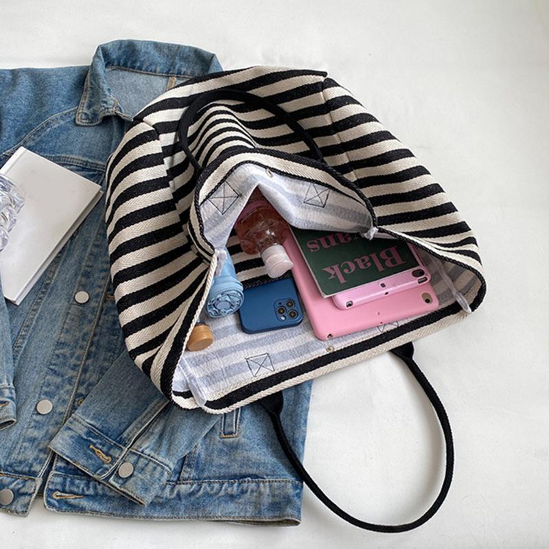 Casual Striped Canvas Bag For Women Large Capacity Shoulder Bag Daily Shopping Totes Student Bookbag for School Travel Beach Bag