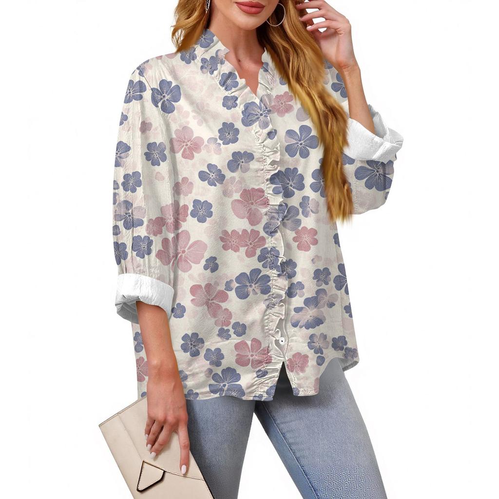 Women's Loose Ruffled Retro Floral Print Stand Collar Long Sleeve Cotton And Linen Top