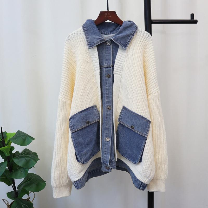 

Осень и зима новый поддельный двухслойный джинсовый трикотажный кардиган свободный повседневный ленивый ветер свитер куртка женская one size fits all