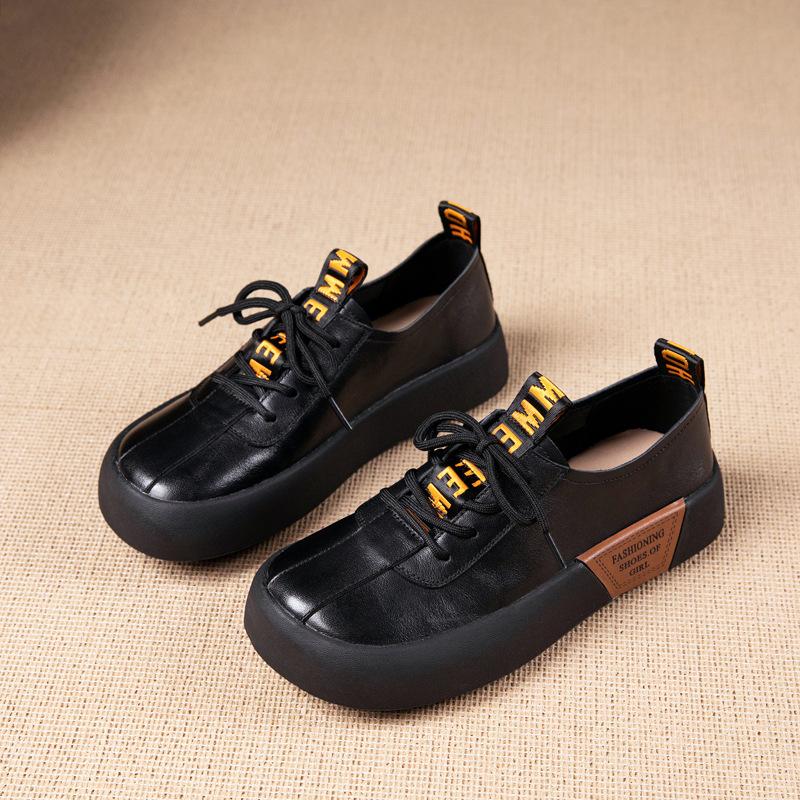 The first layer of cowhide loafers for women's spring and autumn new leather Brock British style retro flat-bottomed lace-up single shoes for women