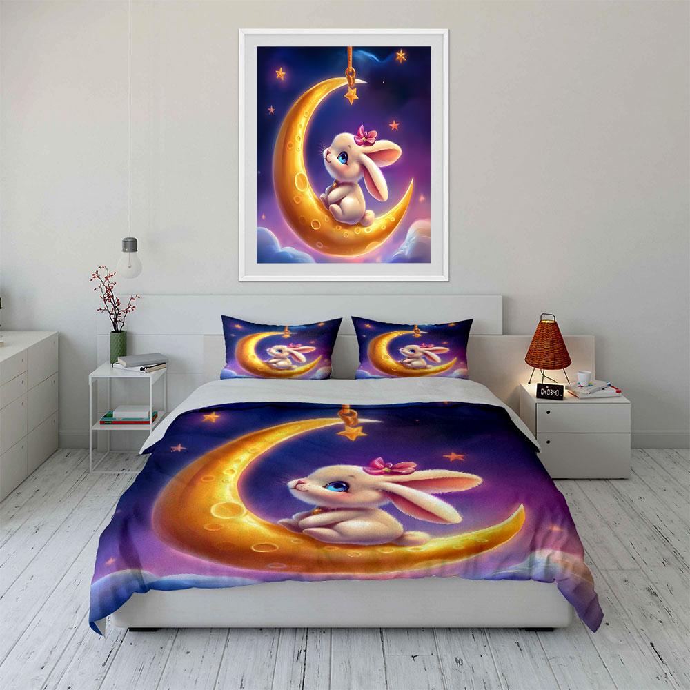 Cute Bunny On Crescent Moon Print Soft Comfortable Duvet Cover Bedding Set Included 1*Duvet Cover 2*Pillowcases Luxury Gift