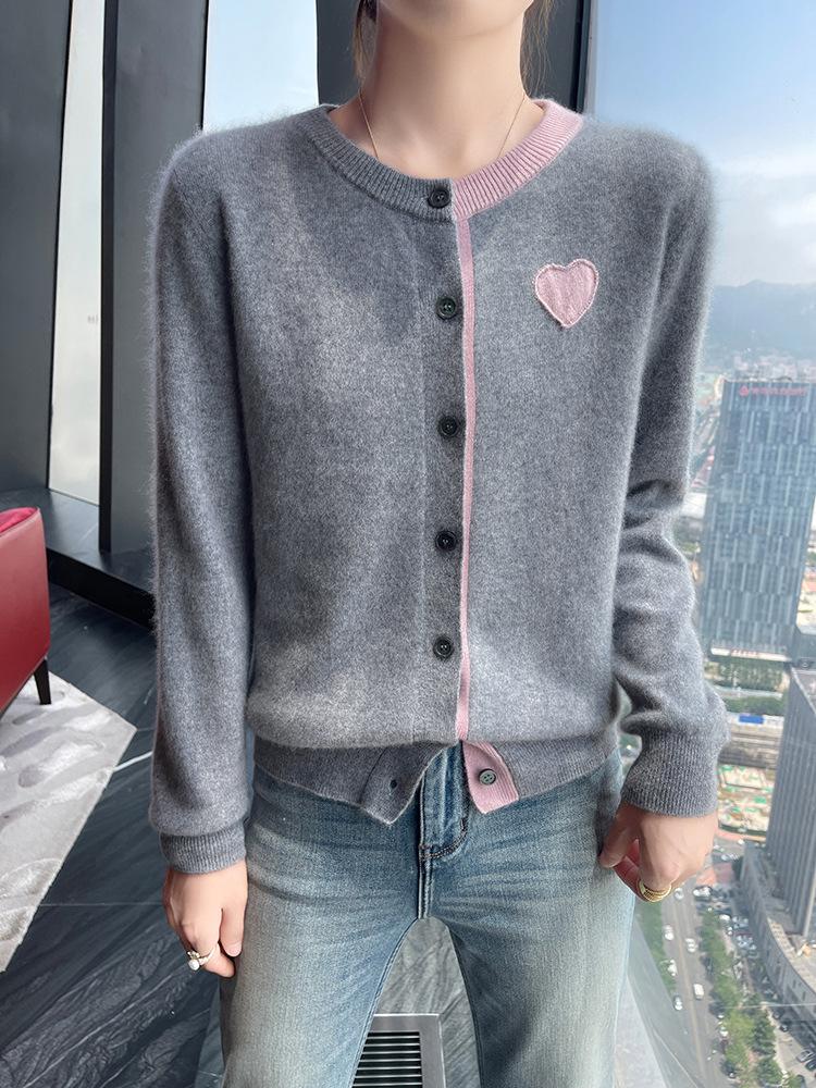 Women's Cashmere Cardigan - Round Neck, Sweetheart Embroidery, Color Block, Loose Fit Wool Top