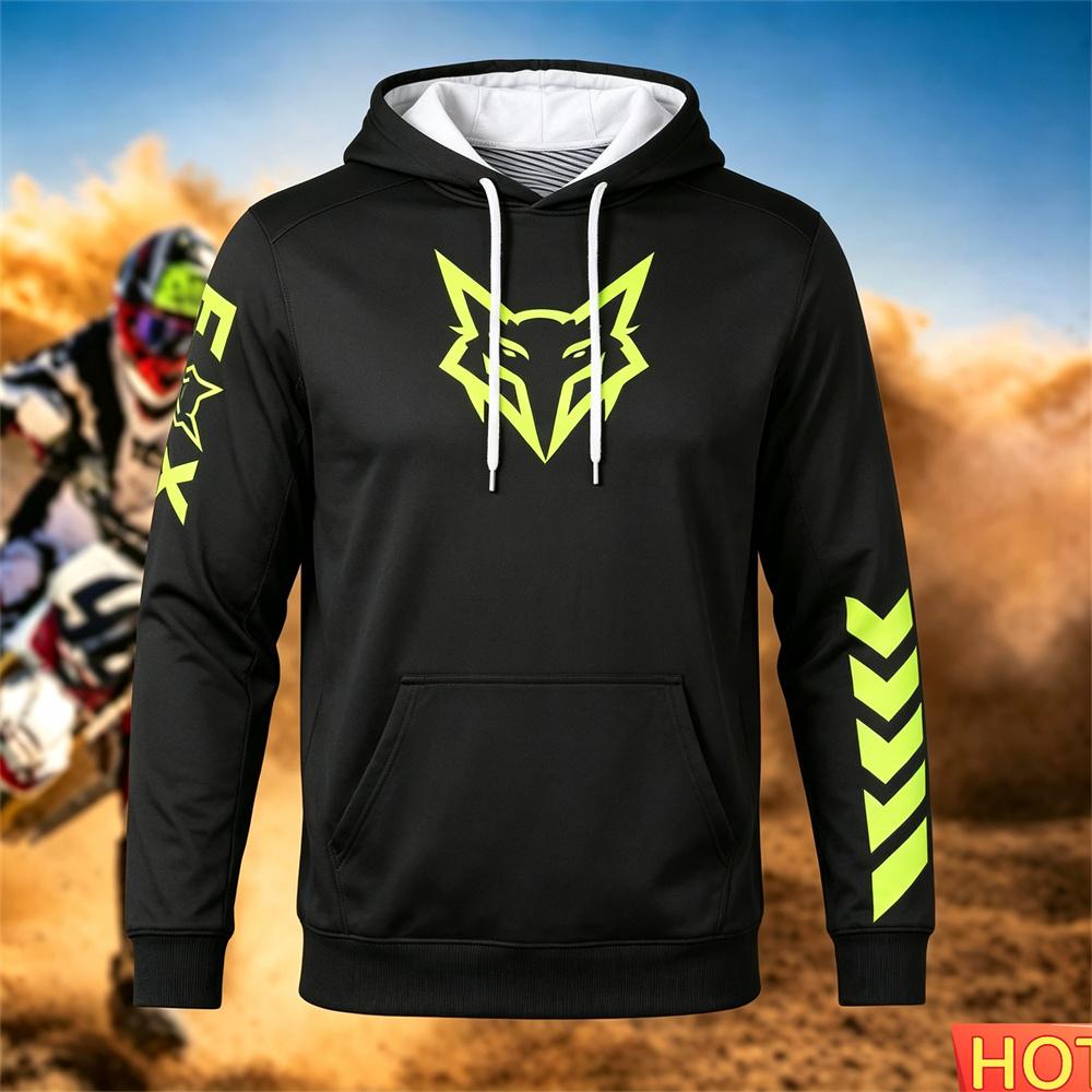 Autumn/Winter Men's Racing Hoodie Outdoor Cycling Hooded Pullover Fox Pattern Pocket Hoodie Sports Motorcycle Hooded SweatshirtsUnisex Woman's