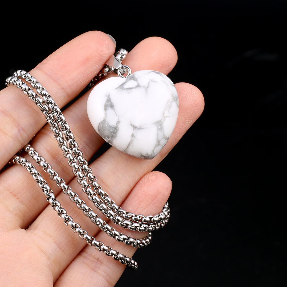 

1 шт. в партии, ожерелье из натурального камня, кулон в форме сердца, кристалл, аметист, агат, опал, цепочка из нержавеющей стали, ожерелья для женщин, ювелирные изделия 30x30x10 мм 1Pcs/White Turquoise