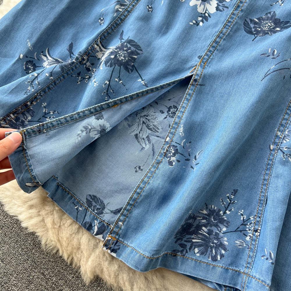 RUGOD Leichtes vertrautes französisches Nischen-Jeanskleid mit V-Ausschnitt, bedruckt, für Damen, Sommer, Taille, schlankes, elegantes Fischschwanz-langes Kleid