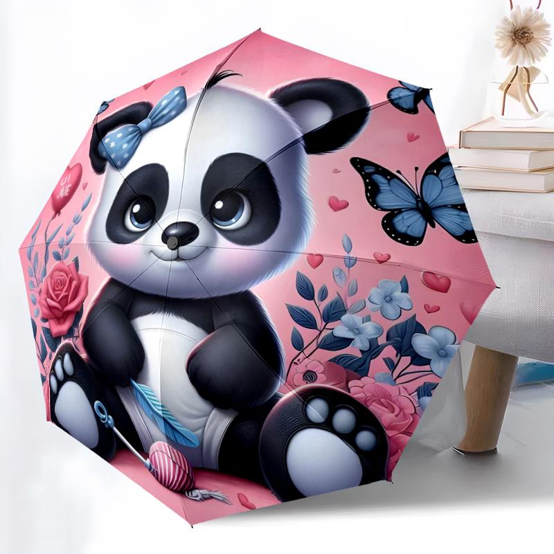 1pz Robusto Ombrello Automatico a 8 Stecche, Ombrello Panda Gigante, Stampato Digitalmente, Ombrello Pieghevole per Uso Esterno in Movimento