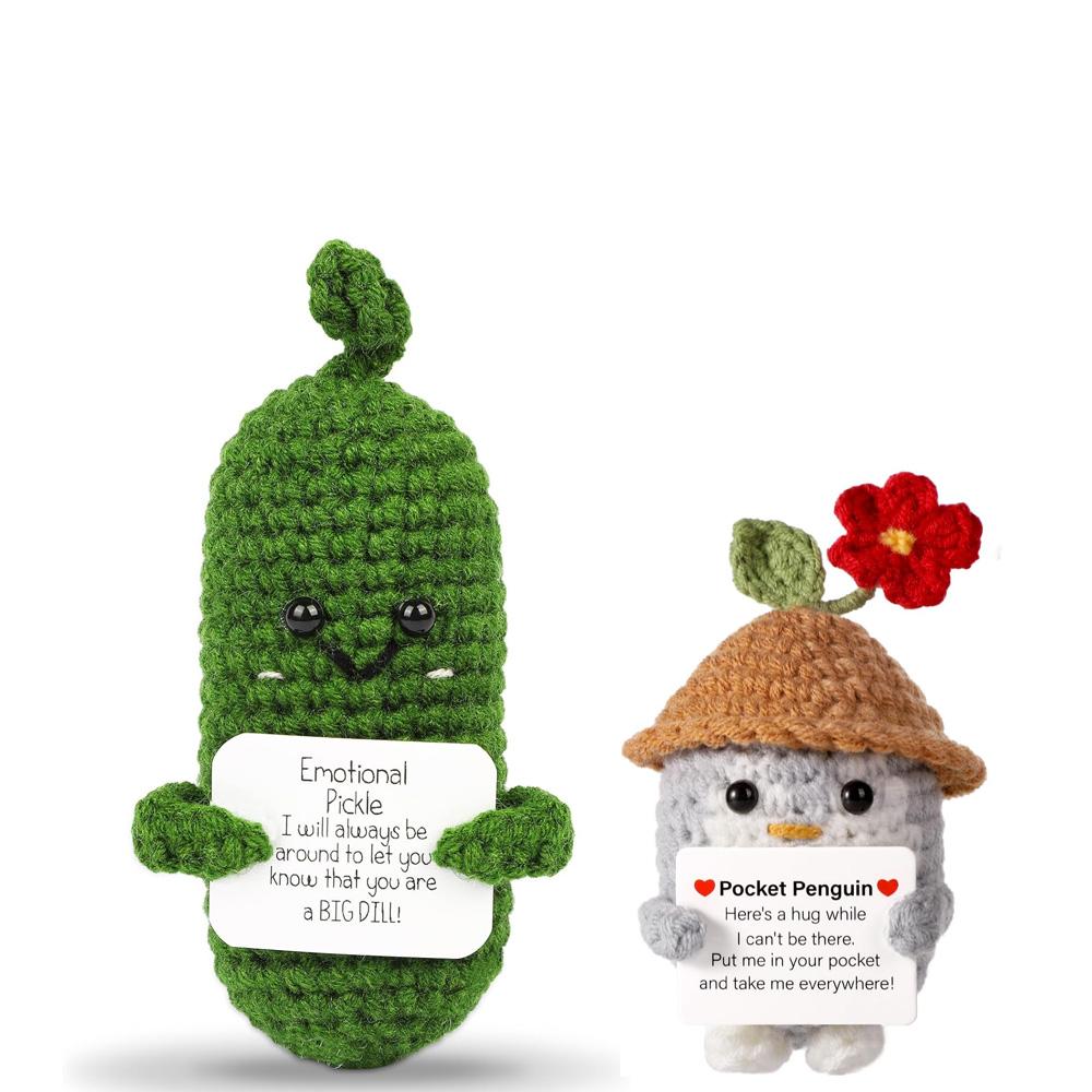 Handmade Emotional Support Pickle Crochet Funny Sour Cucumber Knitted Pickle with Positive Card Cheer up Gift Crochet Home Decor