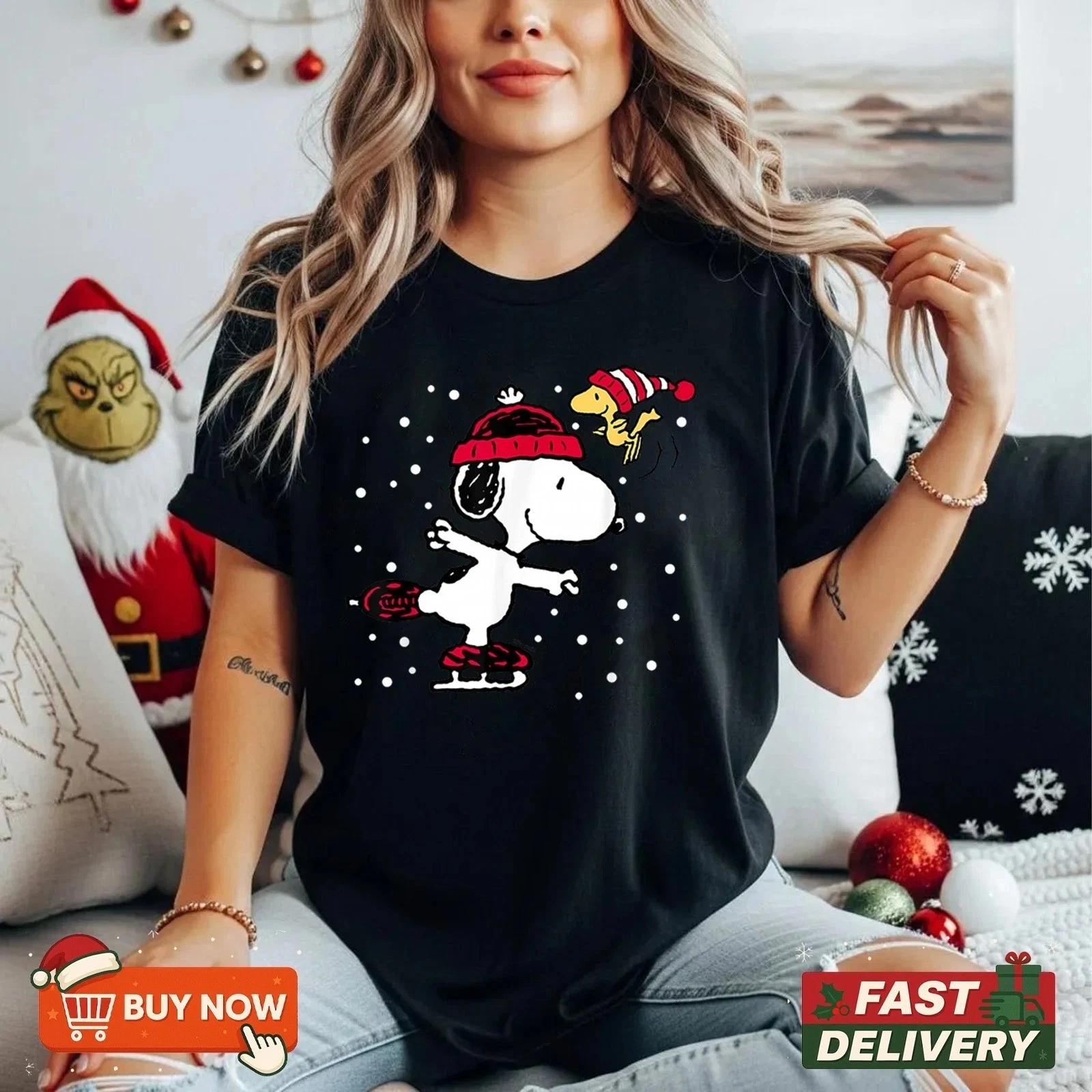 Peanuts Snoopy and Woodstock Skate Holiday T Shirt L