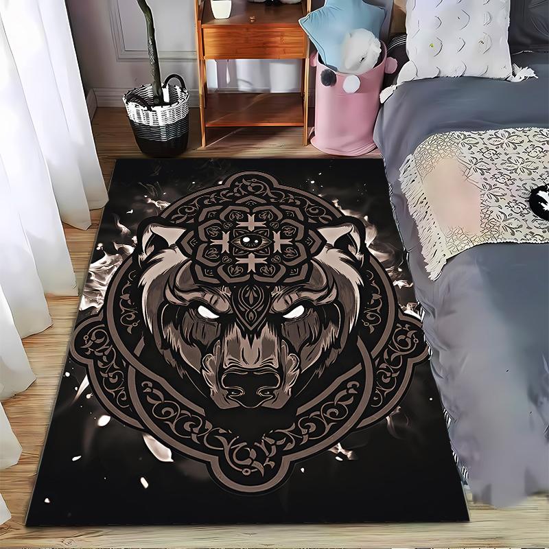 "Mandala Wolf Design Rug with Glowing Eyes On Black Background" Suitable for Use As an Anti-slip for Living Room Bedroom Sofas