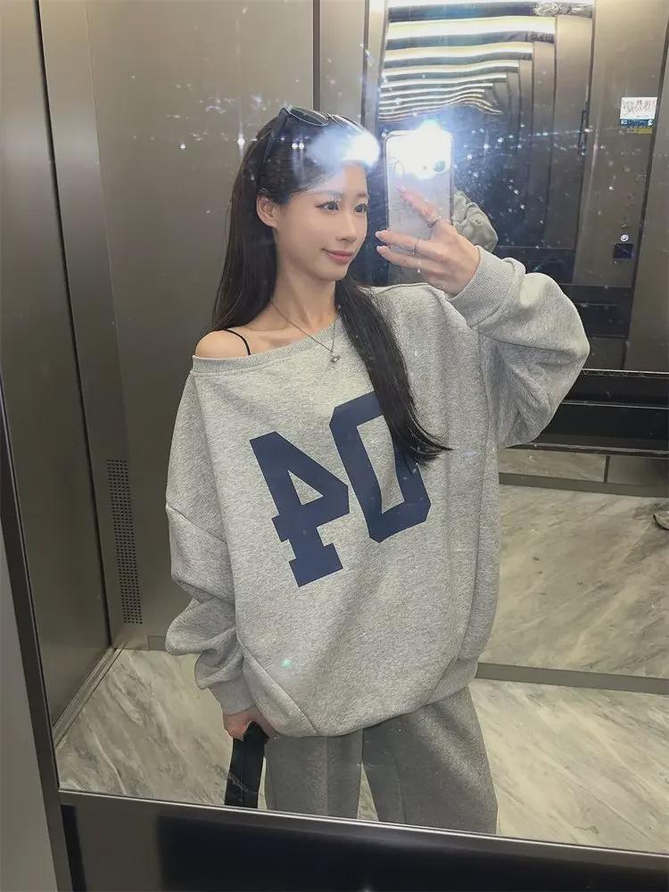 2024 Spring/Fall Women's Asymmetrical Shoulder Digital Print Sweatshirt & Loose Trousers Set