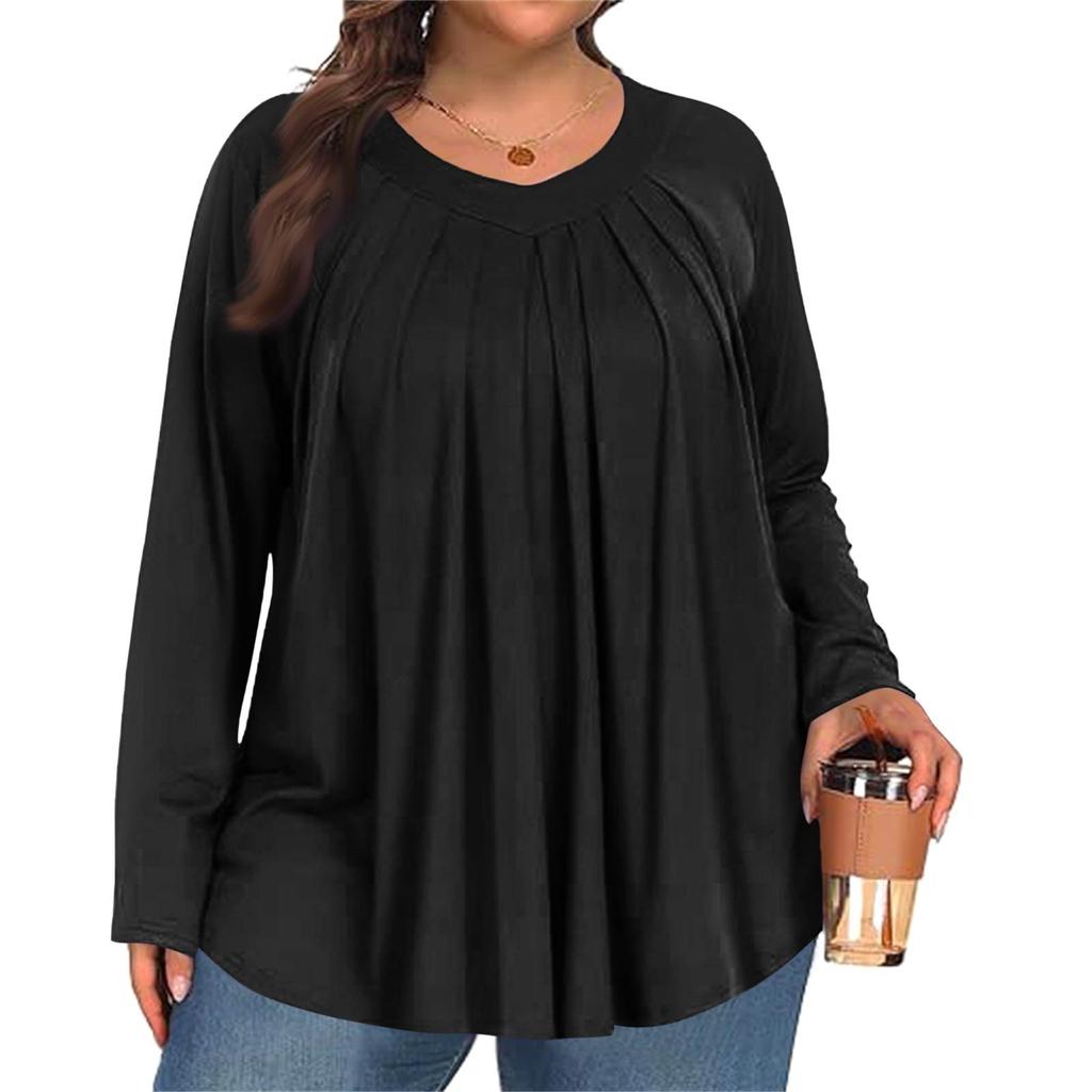Women's Plus Size Fashion Solid Colour Casual Pleated Round Neck Long Sleeve Top