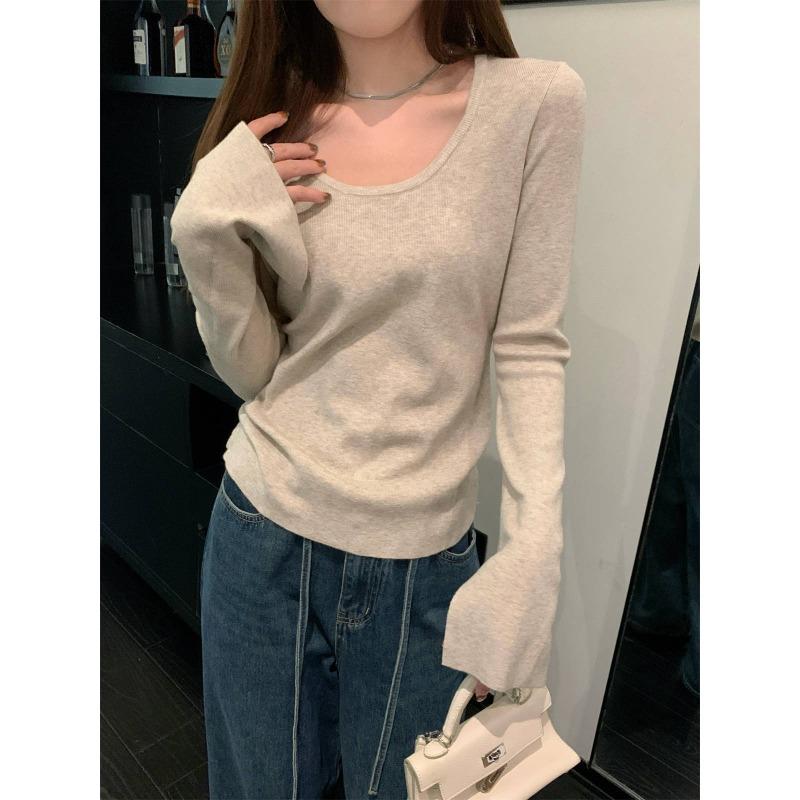 Gentle Wind Neck Flared Sleeve Knitted Sweater Women's Autumn and Winter Slim-fit Sweater Front Shoulder Long Sleeve Bottom Top