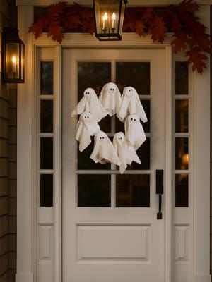Halloween Ghost Wreath, Cute White Fabric Ghosts & Rattan Design, Front Door Wall Hanging Decor for Home, Spooky Party Ornament