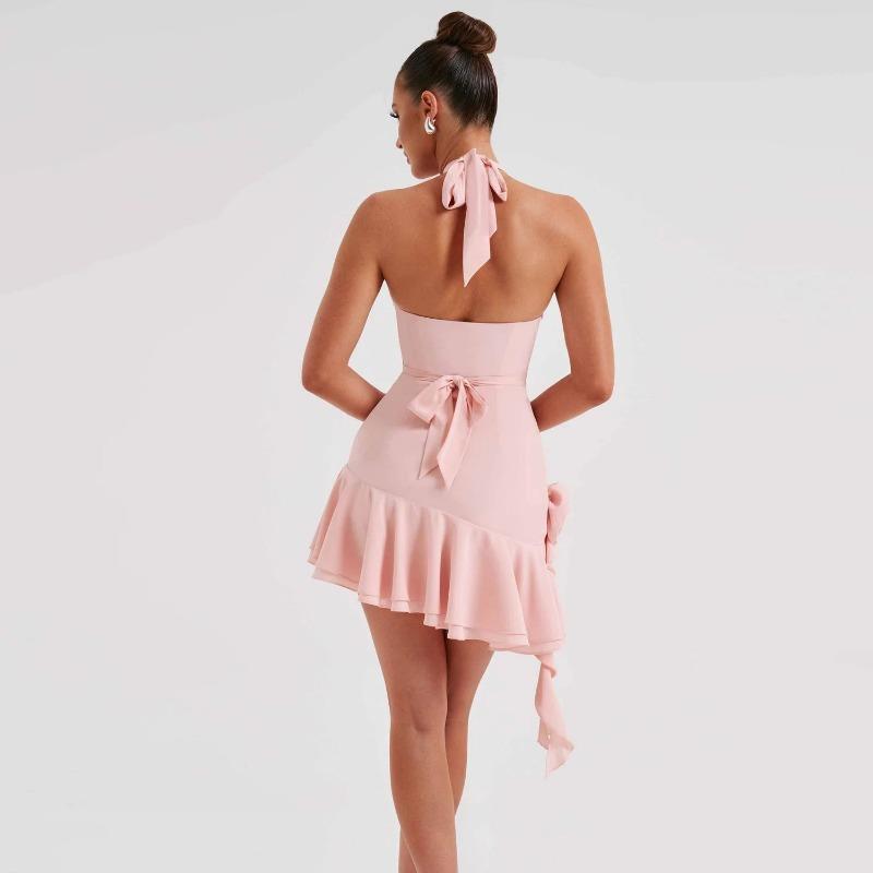 Elegant Backless Sexy Club Dress for Women Fashion Swinging Neck Lace up Flower Short Dress Woman High Waist Casual Party Dresses 24148