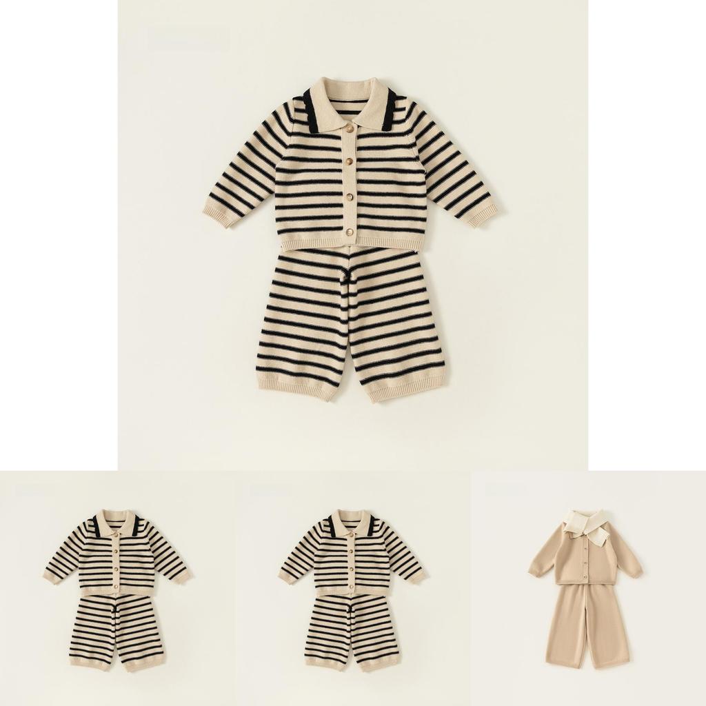 Childrens Striped Knit Threepiece Set With Long Sleeve Pants For Toddler Girls