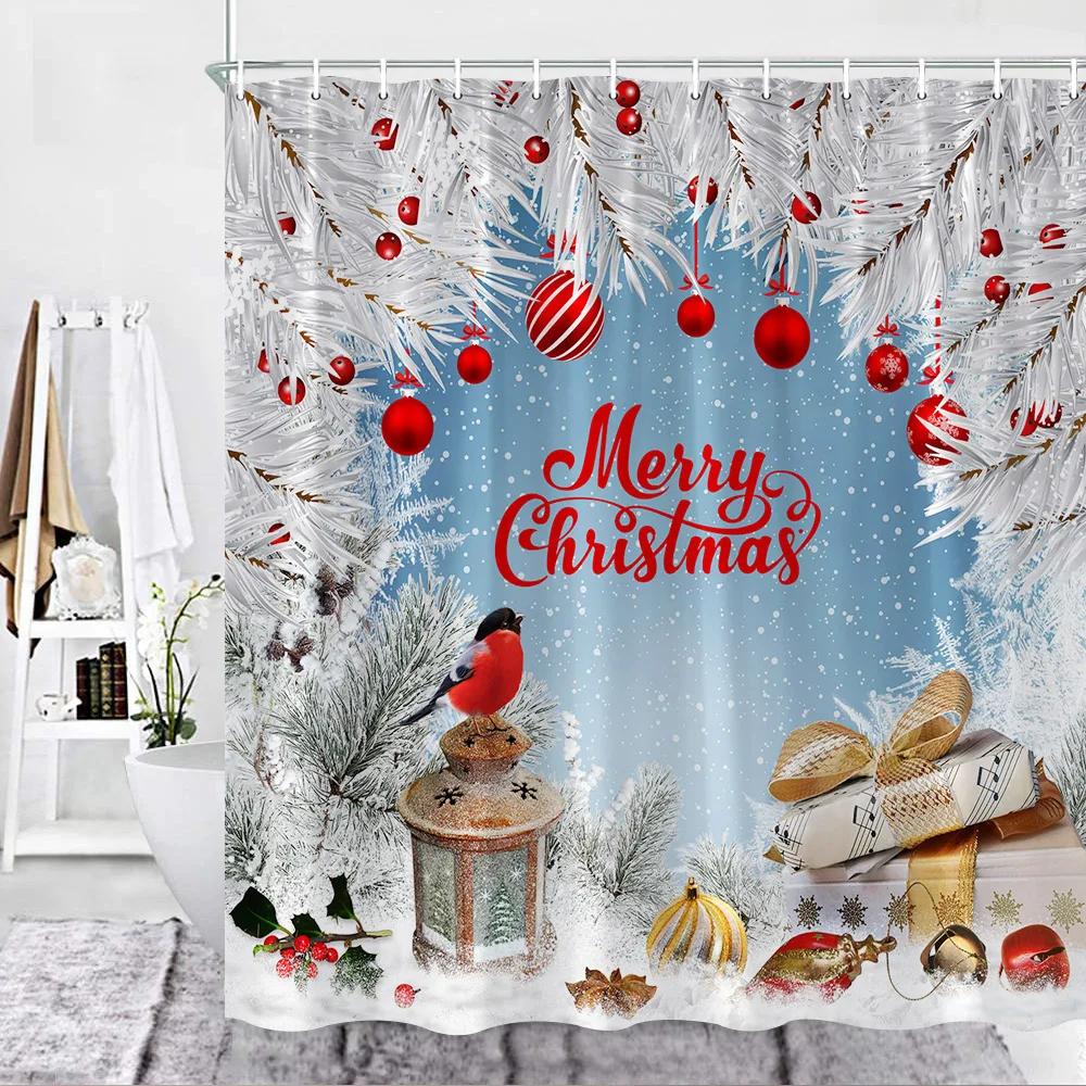 Christmas Shower Curtain, Funny Snowman Red Xmas Balls Snow Pine Branch Green Buffalo Plaid Fabric Washable Bathroom Curtain Set