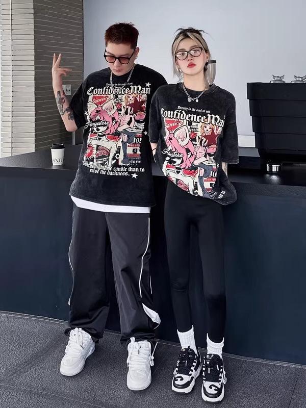 Retro Trendy Unisex Washed Anime T-shirt - Summer High Street Style, Loose Fit, Pure Cotton, Short Sleeve