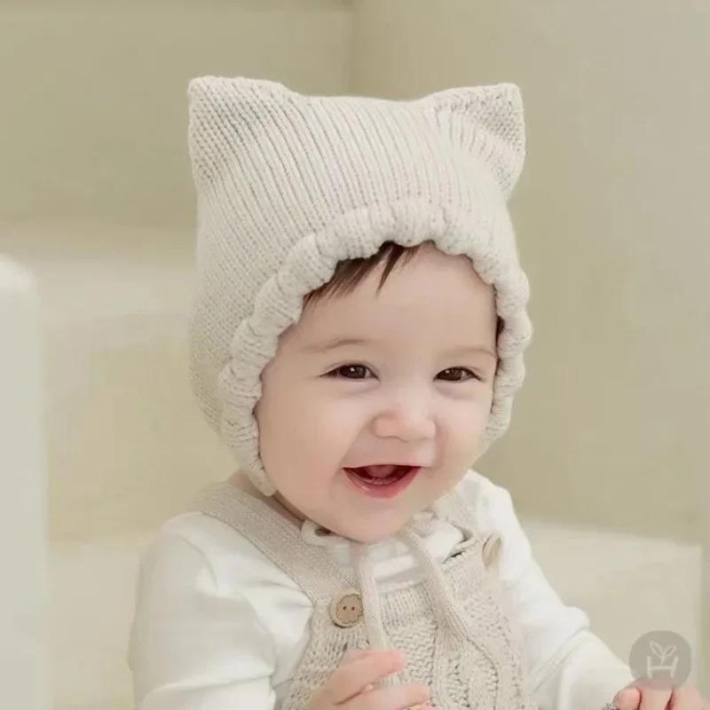 Vinter Tegneserie Baby Strikkelue Ensfarvet Varm Ørebeskyttelseslue for Spedbarn Bonnet Småbarn Barn Gutt Jente Beanie Luer