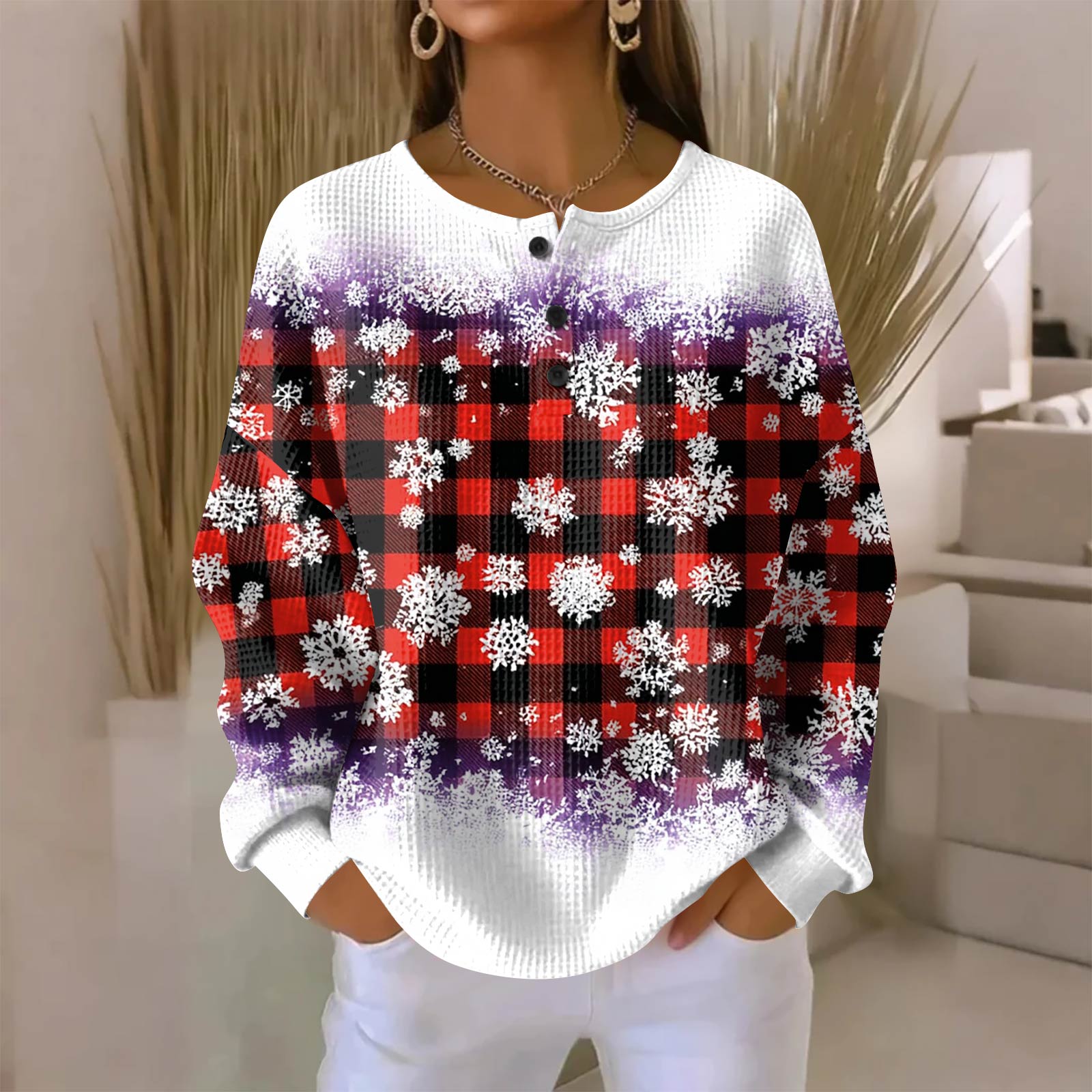 

Women s Fashionable Casual Christmas Print V-Neck Long-Sleeved Button-Down Blouse XL фиолетовый