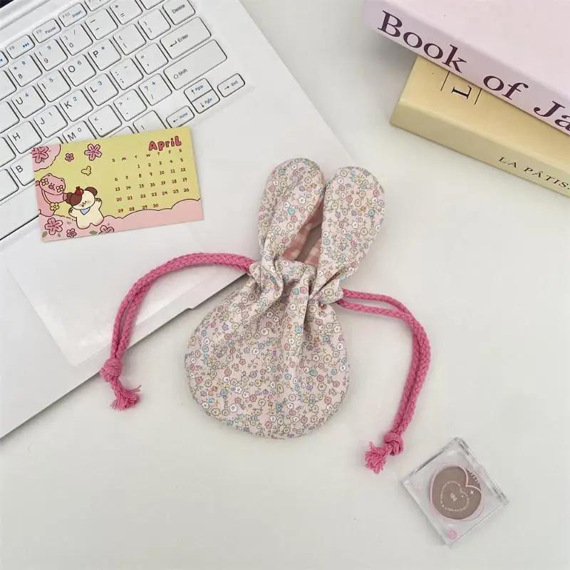 Cute Bunny Ear Flower Drawstring Storage Bag Outdoor Portable Cosmetics Lipstick Handbag For Outdoor Travel Storage Bag