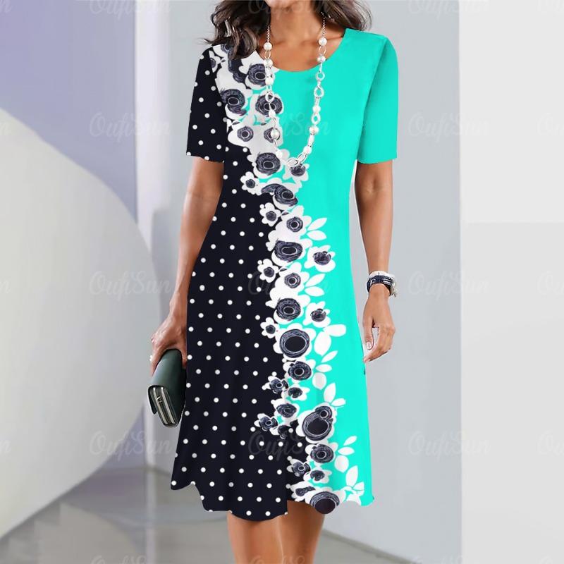 Neue Vintage Damenkleider mit Blumen-Patchwork-Print, elegantes, lässiges Kurzarmkleid Y2k, lockeres, übergroßes Modekleid 2023